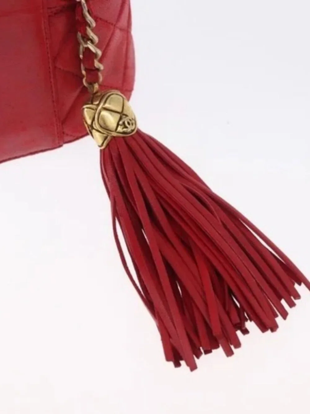 CHANEL Chain Shoulder Bag Lamb Skin Red Gold CC Auth AMZ310A